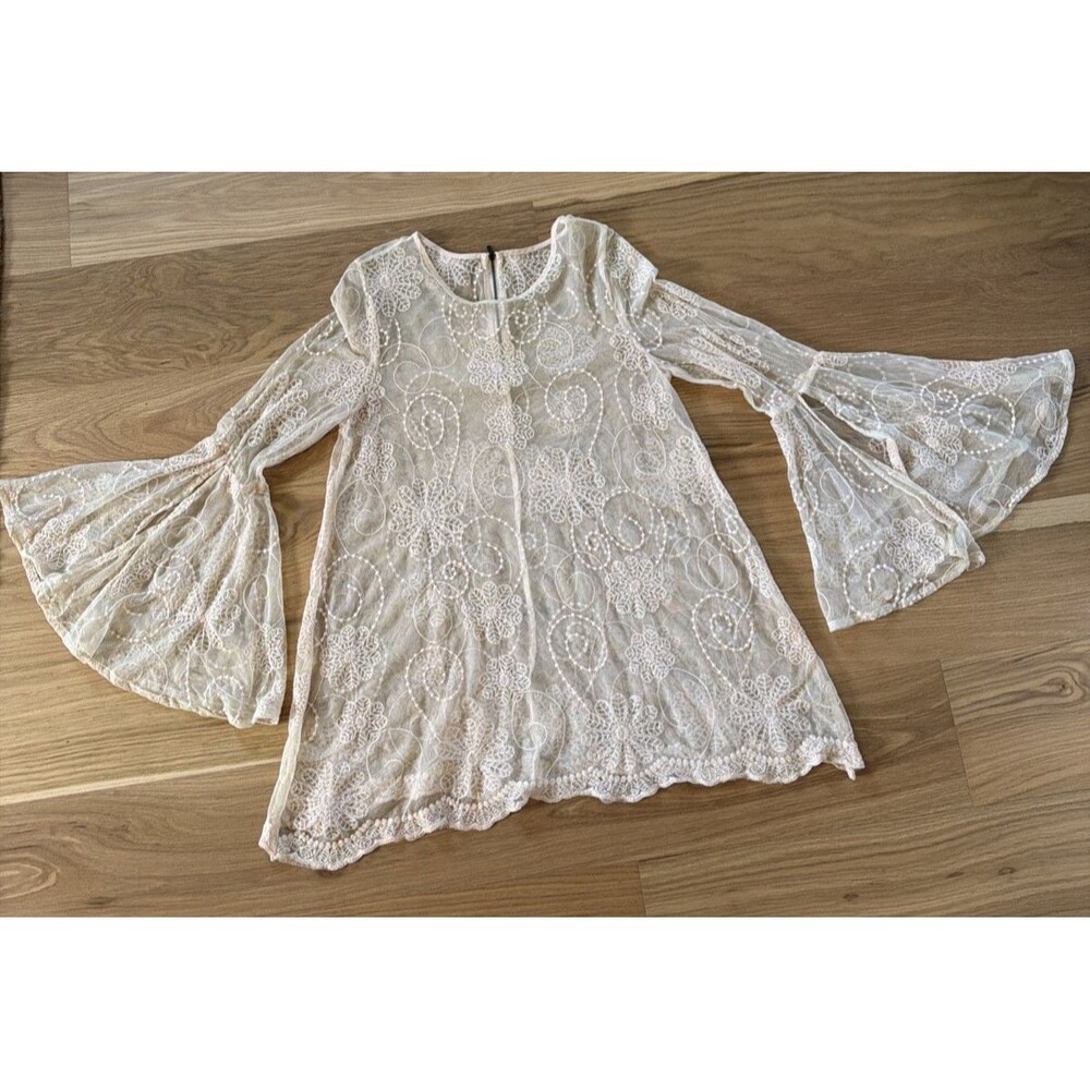 Women's Coquette Fairy Ethereal Blush Pink Sheer Lace Floral Top M Flared Sleeve